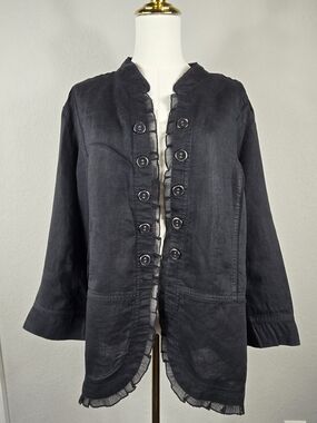 Multiples 100% Linen Ruffle Military Jacket 2X Black Boho Lagenlook Artsy